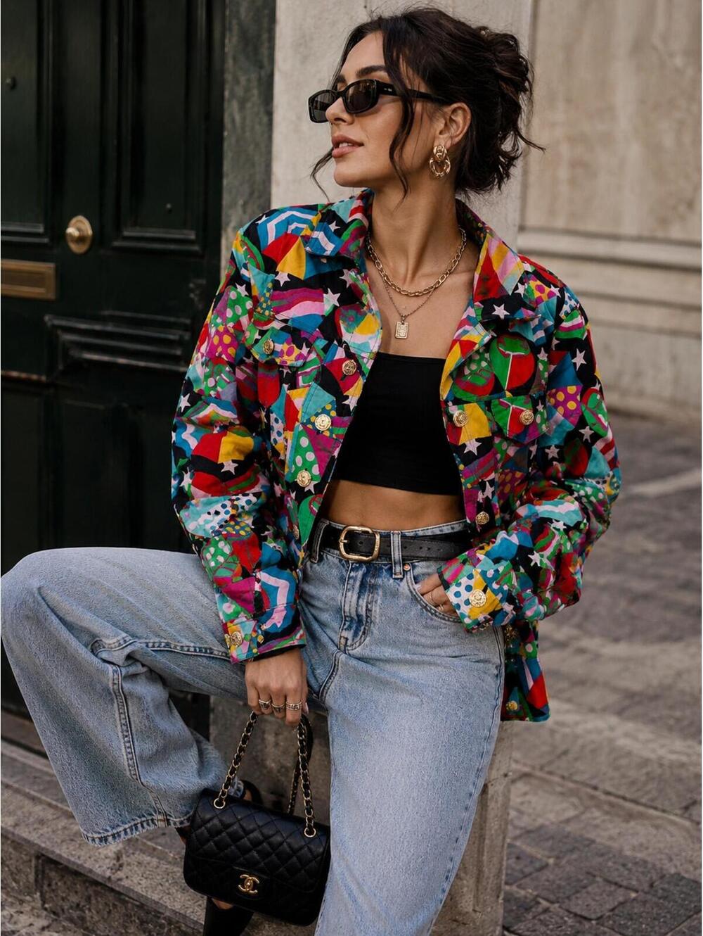 Vintage Carlisle‎ Colorful Abstract Print Jacket  Gold Button Statement Blazer